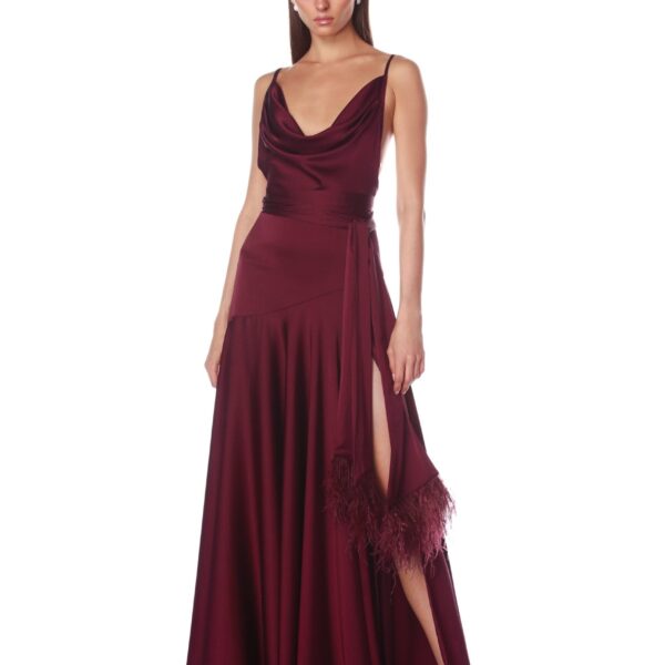 Bronx and Banco Red Leo Burgundy Gown  a harmonious blend of structured elegance and timeless sophistication.