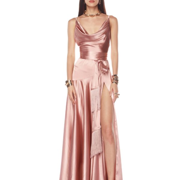 Bronx and Banco Pink Leo Peach Gown  a harmonious blend of structured elegance and timeless sophistication