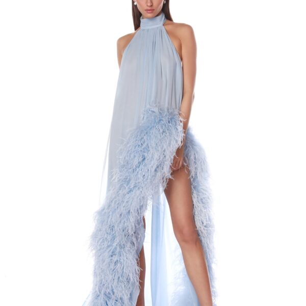Bronx and Banco Blue Madeline Halterneck Gown  a harmonious blend of structured elegance and timeless sophistication.
