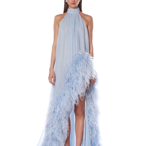 Bronx and Banco Blue Madeline Halterneck Gown  a harmonious blend of structured elegance and timeless sophistication