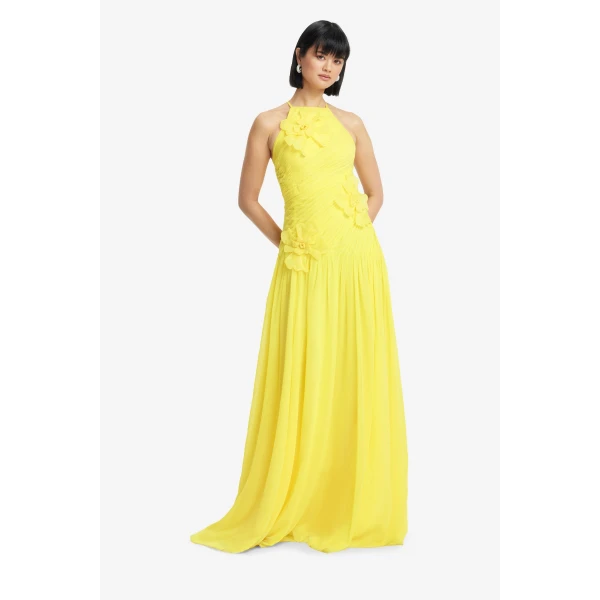 Ruched bodice with 3D petal embellishments