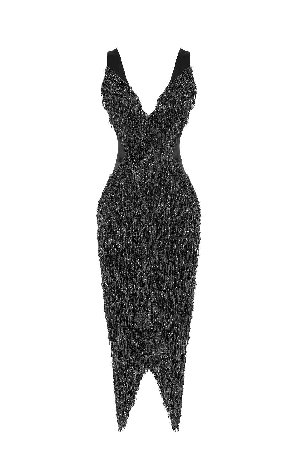 Rasario Satin Midi Dress With Fringe Trim Rasario Midi Dress – couture evening dress
