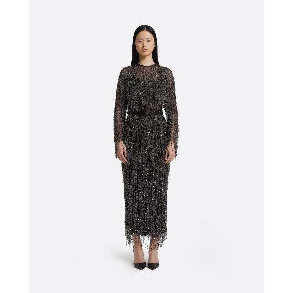 Safiyaa Lyran Midi Dress in Peat Brown on Black with Gunmetal, view 2