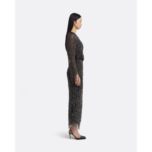 Safiyaa Lyran Midi Dress in Peat Brown on Black with Gunmetal, view 5