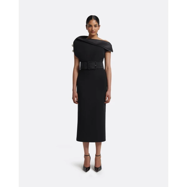 Safiyaa Reina Dress in Black with Crystal and Belt, view 2