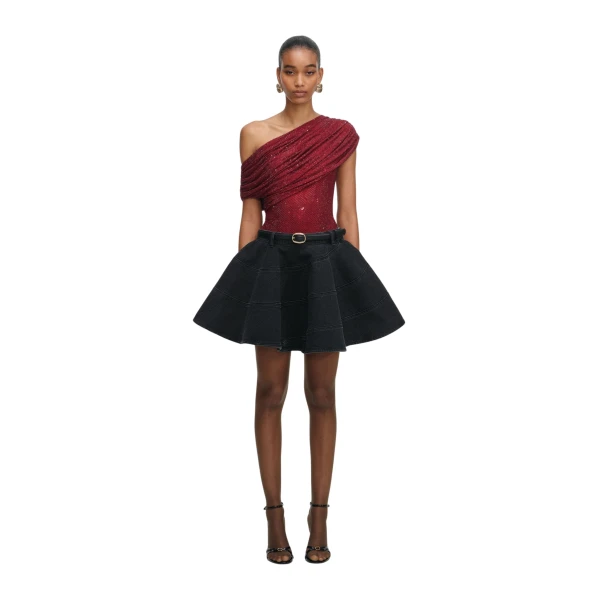 Black Flared Denim Mini Skirt