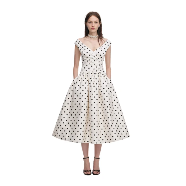 Cream Polka Dot Cotton Midi Dress