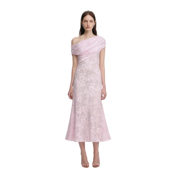 Pink Rhinestone Lace Midi Dress