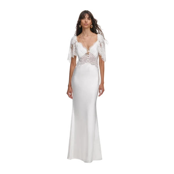 White Fine Lace Satin Maxi Dress