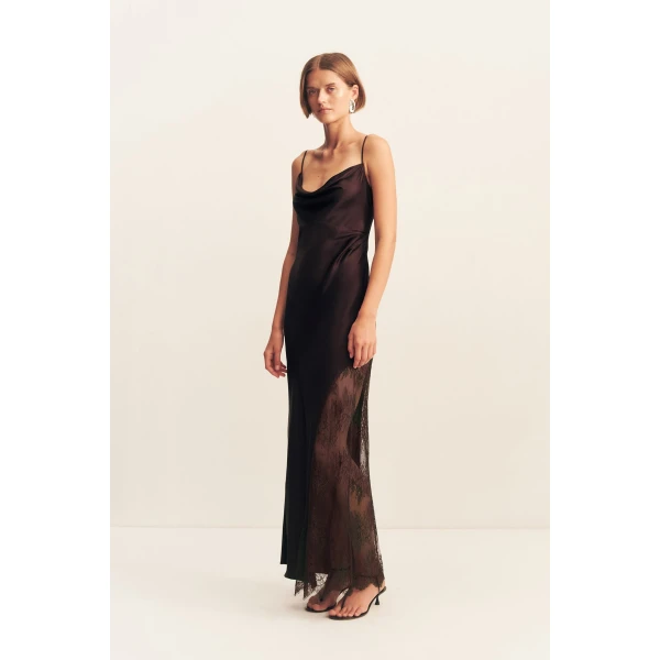 Cowl maxi dress with lace detailing in espresso in a LENZING  ECOVERO  Viscose with a luxurious matte finish.