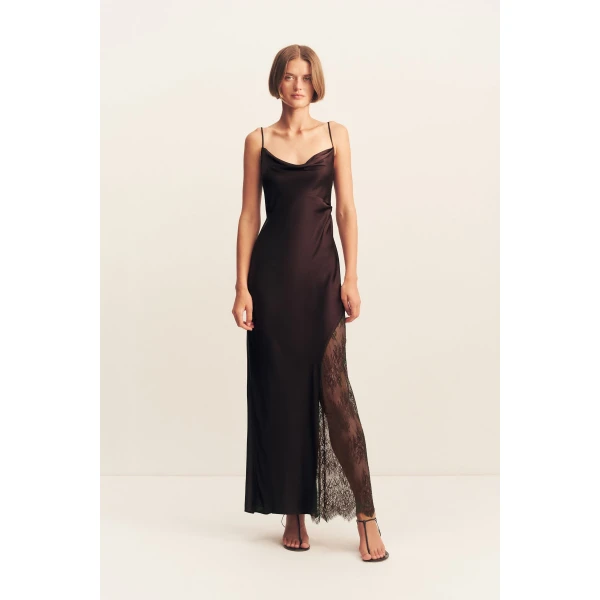 Cowl maxi dress with lace detailing in espresso in a LENZING  ECOVERO  Viscose with a luxurious matte finish.