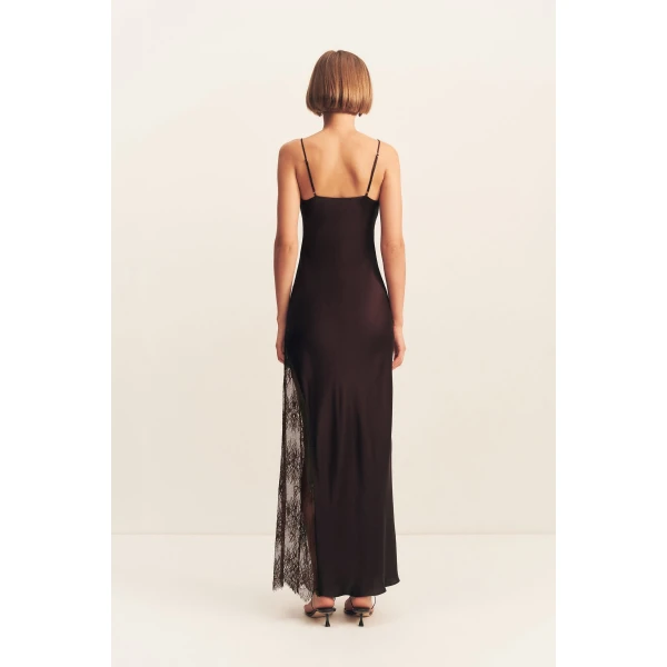 Cowl maxi dress with lace detailing in espresso in a LENZING  ECOVERO  Viscose with a luxurious matte finish.