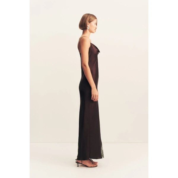 Cowl maxi dress with lace detailing in espresso in a LENZING  ECOVERO  Viscose with a luxurious matte finish.
