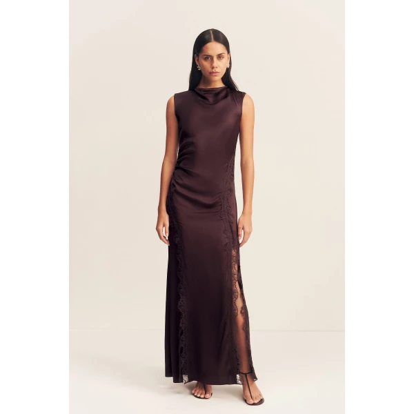 Cowl neck maxi dress with lace detailing in ivory in a LENZING  ECOVERO  Viscose with a luxurious matte finish.