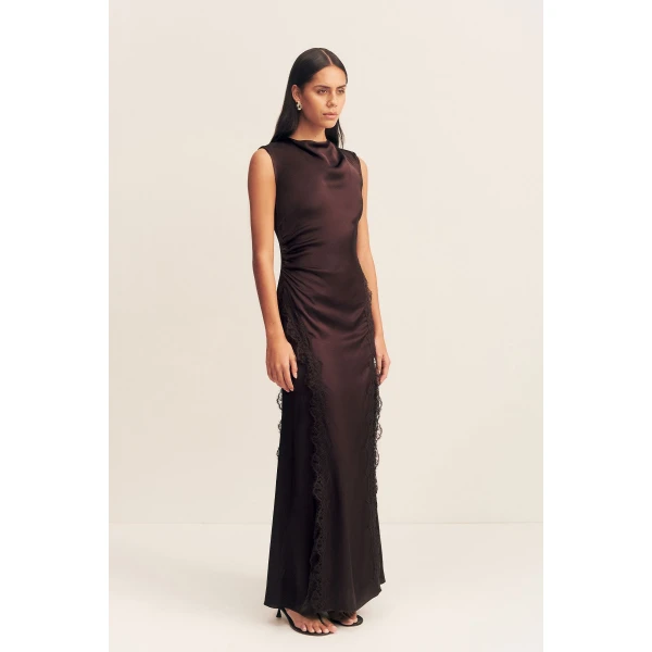 Cowl neck maxi dress with lace detailing in ivory in a LENZING  ECOVERO  Viscose with a luxurious matte finish.