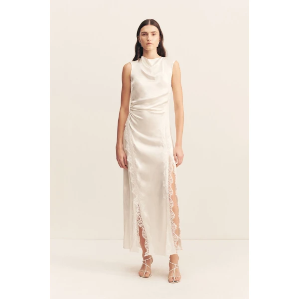 Cowl neck maxi dress with lace detailing in ivory in a LENZING  ECOVERO  Viscose with a luxurious matte finish.