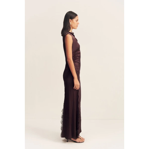 Cowl neck maxi dress with lace detailing in ivory in a LENZING  ECOVERO  Viscose with a luxurious matte finish.