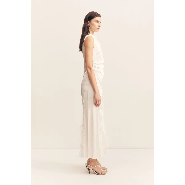 Cowl neck maxi dress with lace detailing in ivory in a LENZING  ECOVERO  Viscose with a luxurious matte finish.