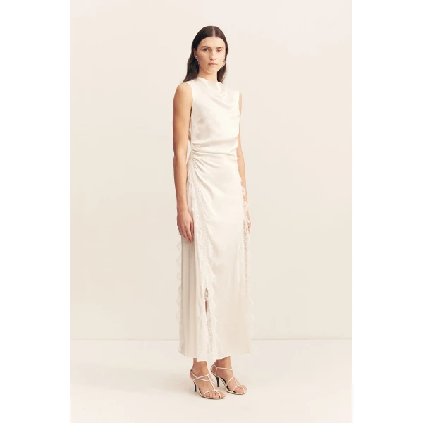 Cowl neck maxi dress with lace detailing in ivory in a LENZING  ECOVERO  Viscose with a luxurious matte finish.