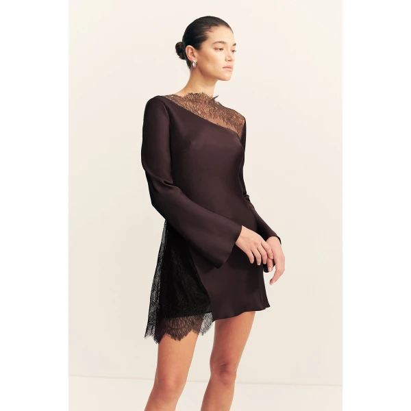Long sleeve mini dress with lace detailing in espresso in a LENZING  ECOVERO  Viscose with a luxurious matte finish.