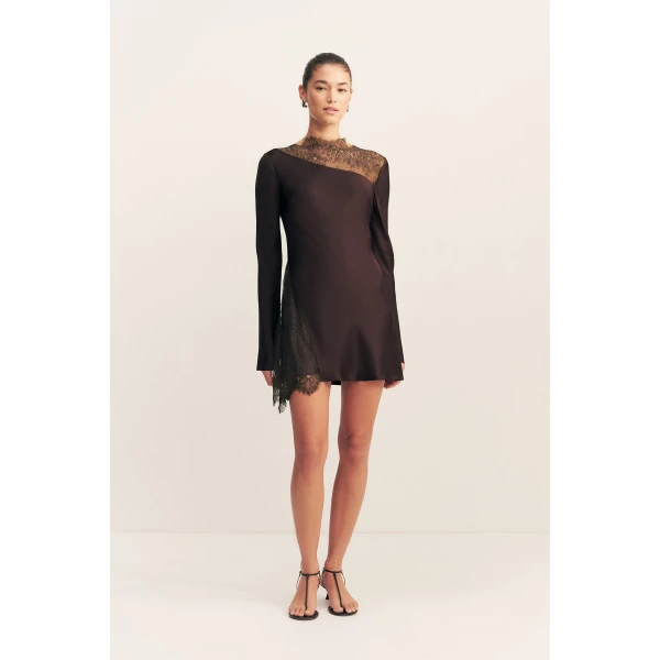 Long sleeve mini dress with lace detailing in espresso in a LENZING  ECOVERO  Viscose with a luxurious matte finish.