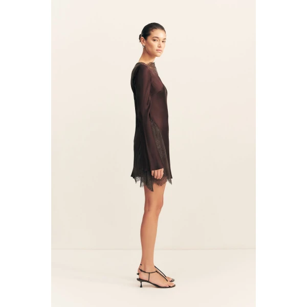 Long sleeve mini dress with lace detailing in espresso in a LENZING  ECOVERO  Viscose with a luxurious matte finish.