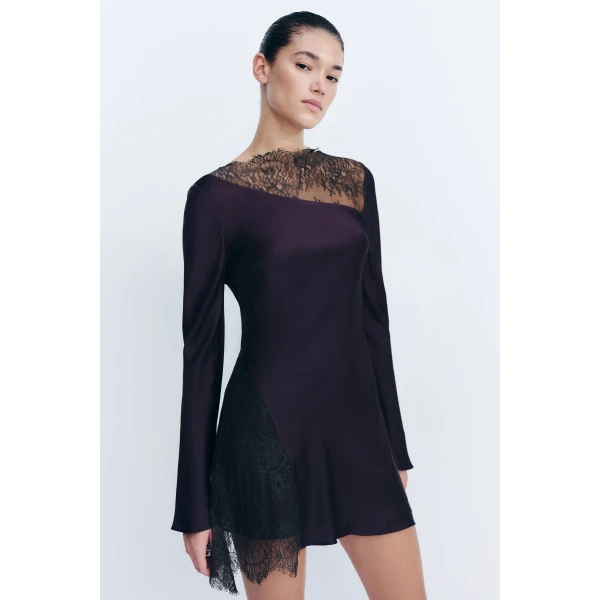 Long sleeve mini dress with lace detailing in espresso in a LENZING  ECOVERO  Viscose with a luxurious matte finish.