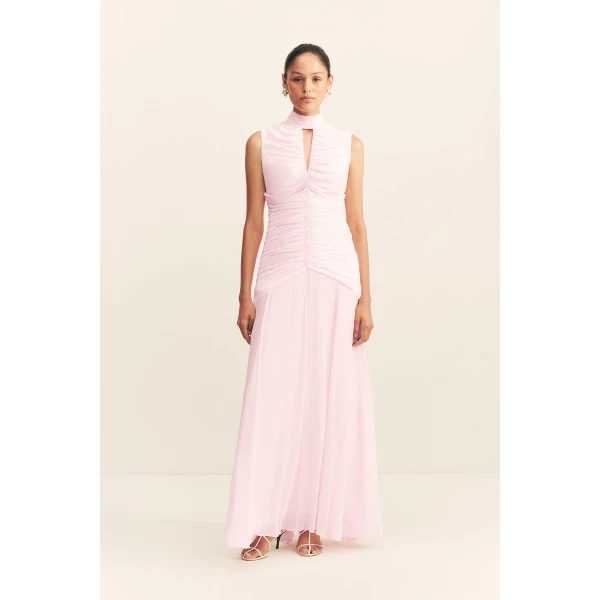 Cut out ruched maxi dress in fairyfloss in a semi-sheer georgette.