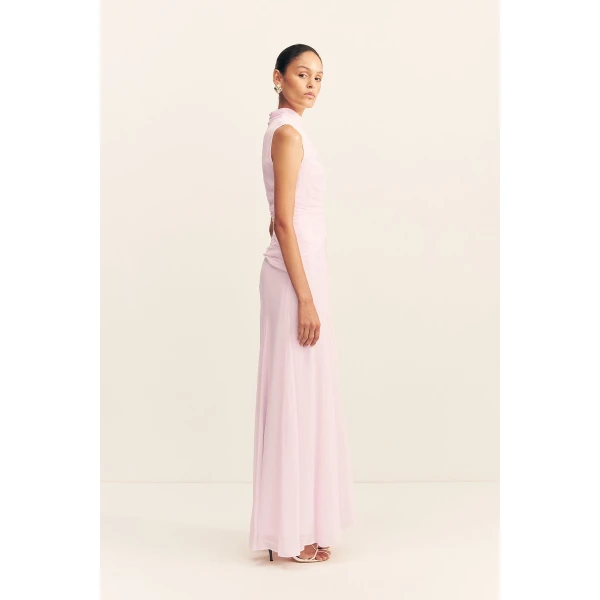 Cut out ruched maxi dress in fairyfloss in a semi-sheer georgette.