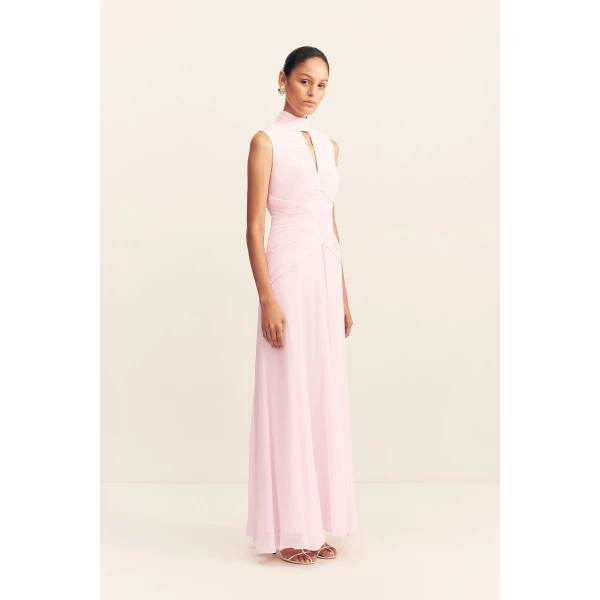 Cut out ruched maxi dress in fairyfloss in a semi-sheer georgette.