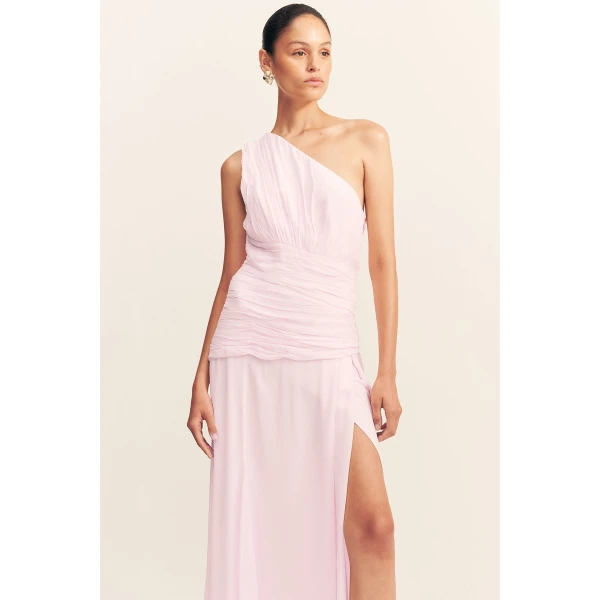 One shoulder maxi dress with ruched detailing in fairyfloss in a semi-sheer georgette.