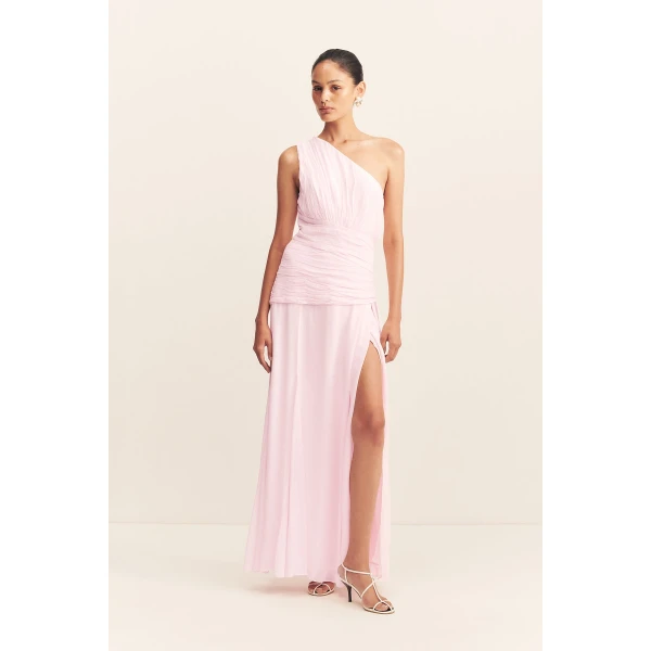 One shoulder maxi dress with ruched detailing in fairyfloss in a semi-sheer georgette.