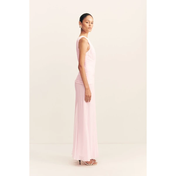 One shoulder maxi dress with ruched detailing in fairyfloss in a semi-sheer georgette.