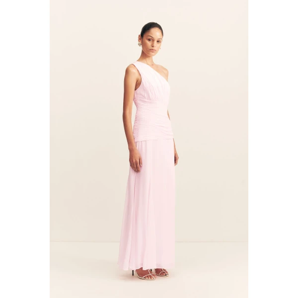 One shoulder maxi dress with ruched detailing in fairyfloss in a semi-sheer georgette.