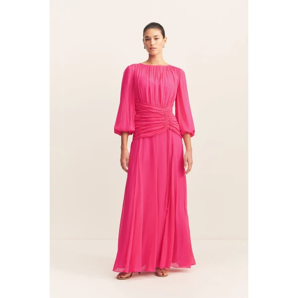 High neck balloon sleeve maxi dress in fuchsia in a semi-sheer georgette.