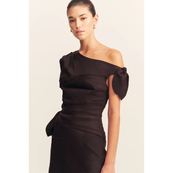 Asymmetrical tie mini dress in ganache in a premium stretch linen blend.