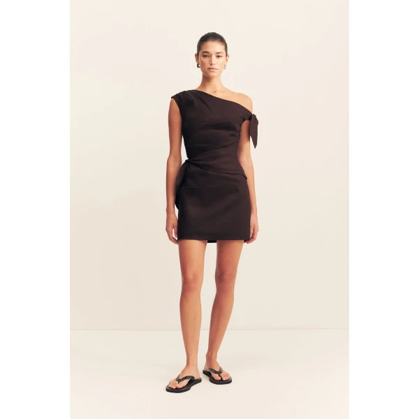 Asymmetrical tie mini dress in ganache in a premium stretch linen blend.