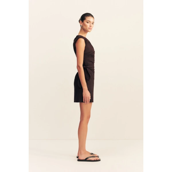 Asymmetrical tie mini dress in ganache in a premium stretch linen blend.