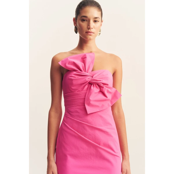 Strapless midi dress with twist knot detail in vivid pink in a premium stretch cotton blend.