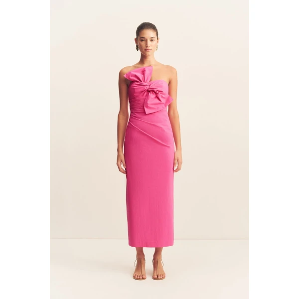Strapless midi dress with twist knot detail in vivid pink in a premium stretch cotton blend.