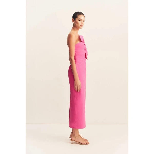 Strapless midi dress with twist knot detail in vivid pink in a premium stretch cotton blend.