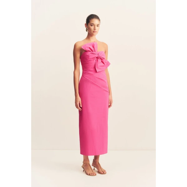Strapless midi dress with twist knot detail in vivid pink in a premium stretch cotton blend.