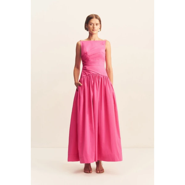 Square neck maxi dress in vivid pink in a premium stretch cotton blend.
