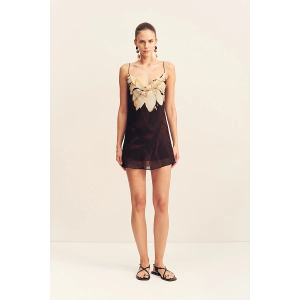 Cowl neck mini dress in the natura floral print in a semi-sheer georgette.