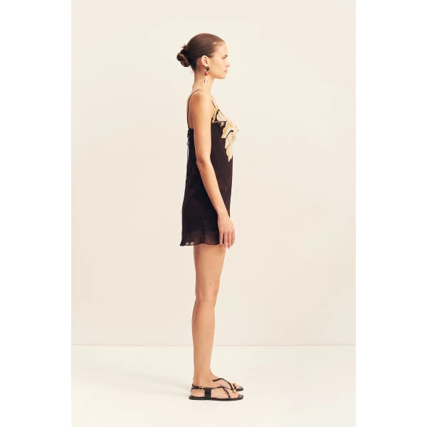 Cowl neck mini dress in the natura floral print in a semi-sheer georgette.