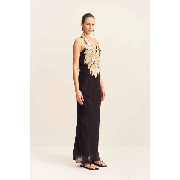 Asymmetrical maxi dress with cowl back detail in the natura floral print in a semi-sheer georgette.