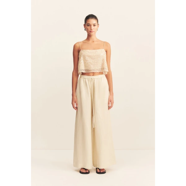 Cropped cami in a macadamia sequin and bead embellished mesh.