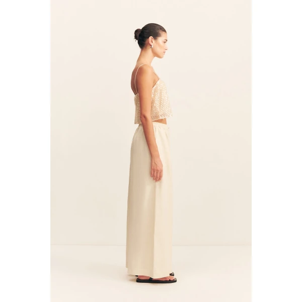 Cropped cami in a macadamia sequin and bead embellished mesh.