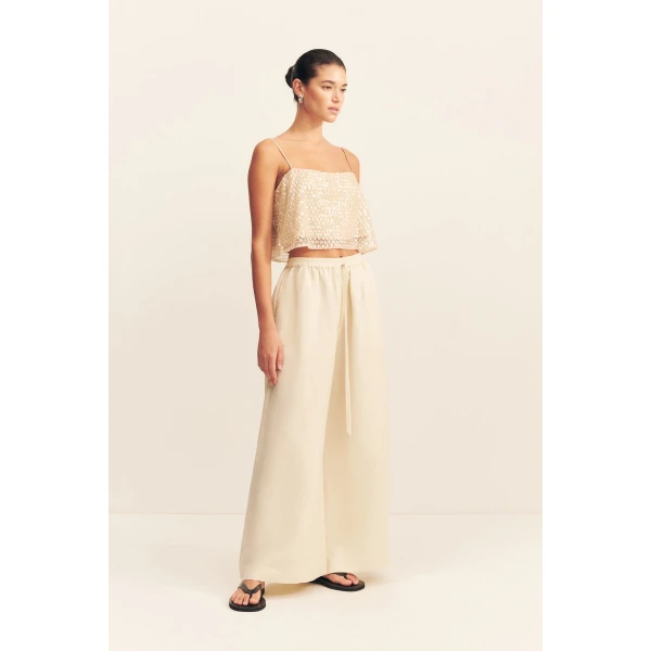 Cropped cami in a macadamia sequin and bead embellished mesh.