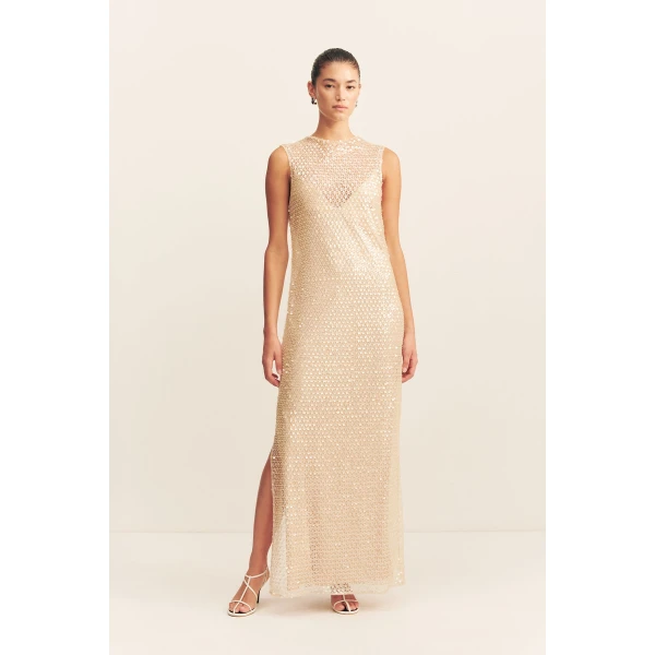 High neck sleeveless maxi dress in macadamia in an embellished mesh.